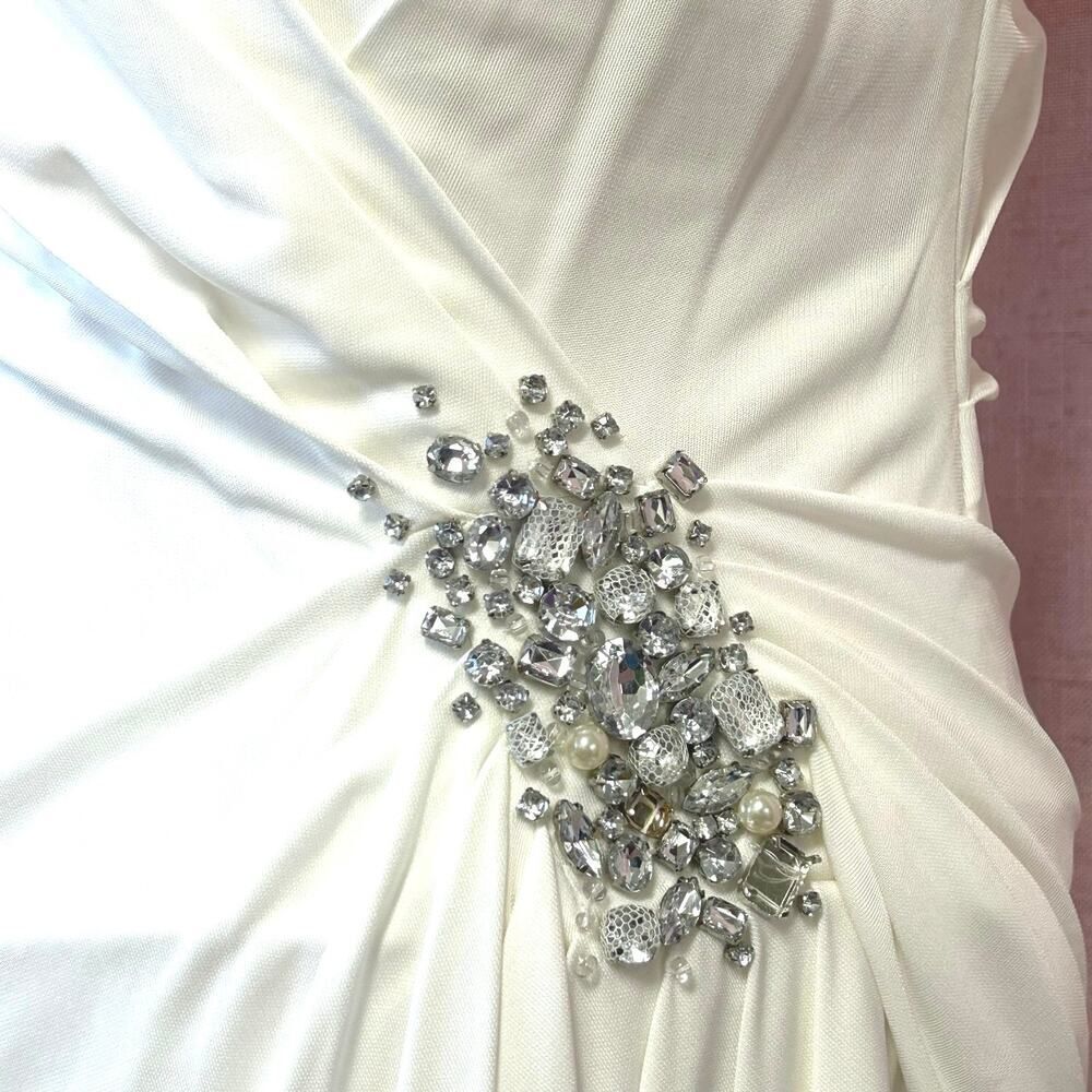 Vintage NWT Vintage Robert‎ Rodriquez White V-Neck  Dress w/ Rhinestone Accents - Picture 6 of 11